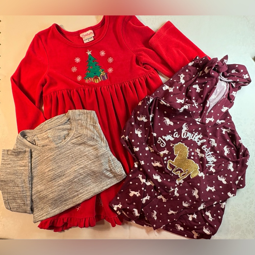 Bundle of 4 Pieces: Christmas Dress, 2-Pc Unicorn Lounge Outfit, Long-Sleeve Tee